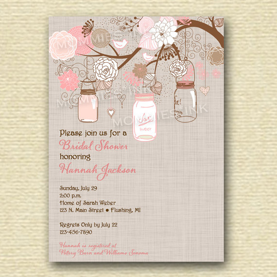 Shabby Style Pink Mason Jar And Flowers Bridal Shower Invitation