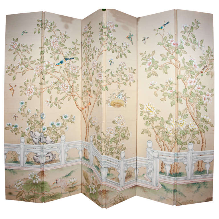 Six Panel Gracie Hand Painted Wallpaper Screen at 1stdibs