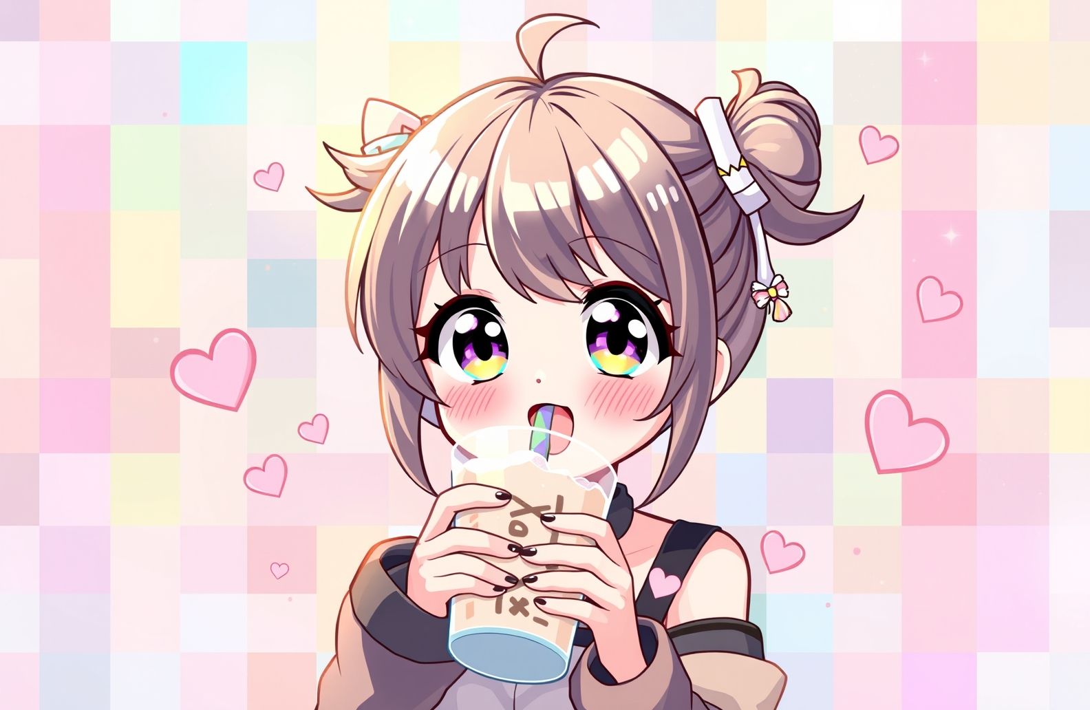 Cute Anime Girl Drinking Boba Wallpaper
