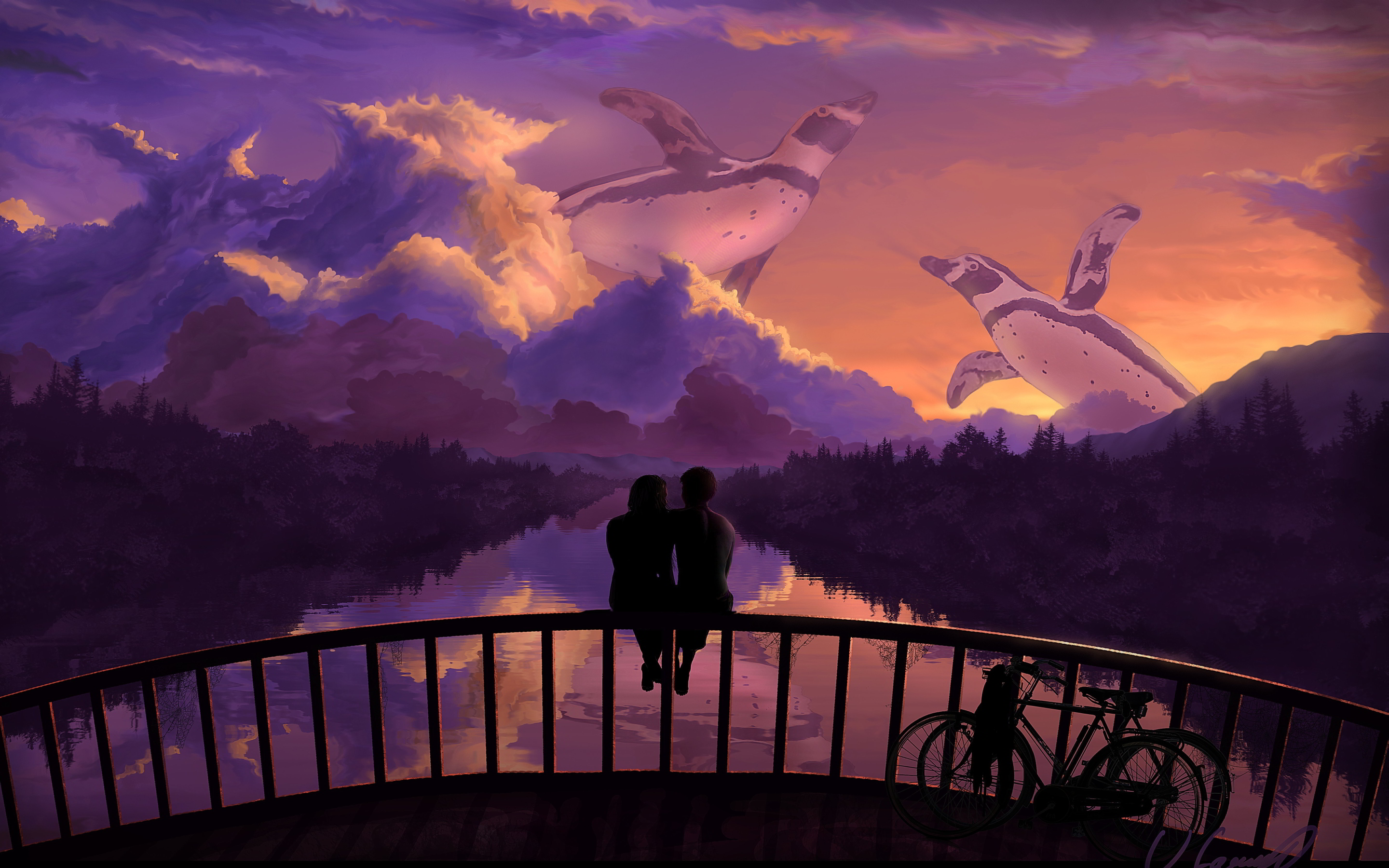 Romantic Couple Bridge Sunset Art Wallpaper