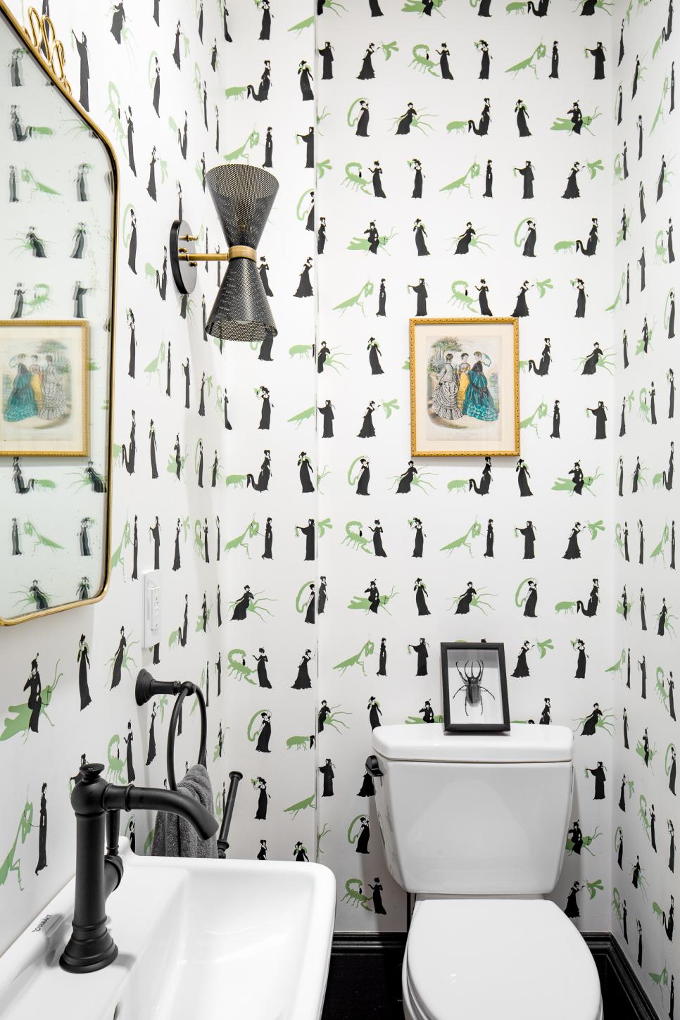 Eclectic Powder Room Features Bug Pattern Wallpaper Modern Black