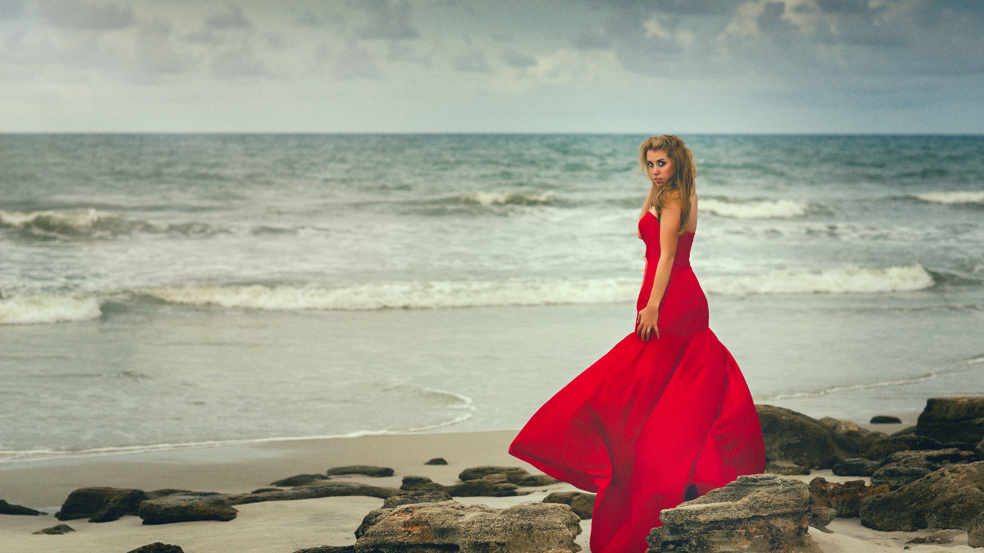 Girl Red Dress Beach HD Wallpaper New