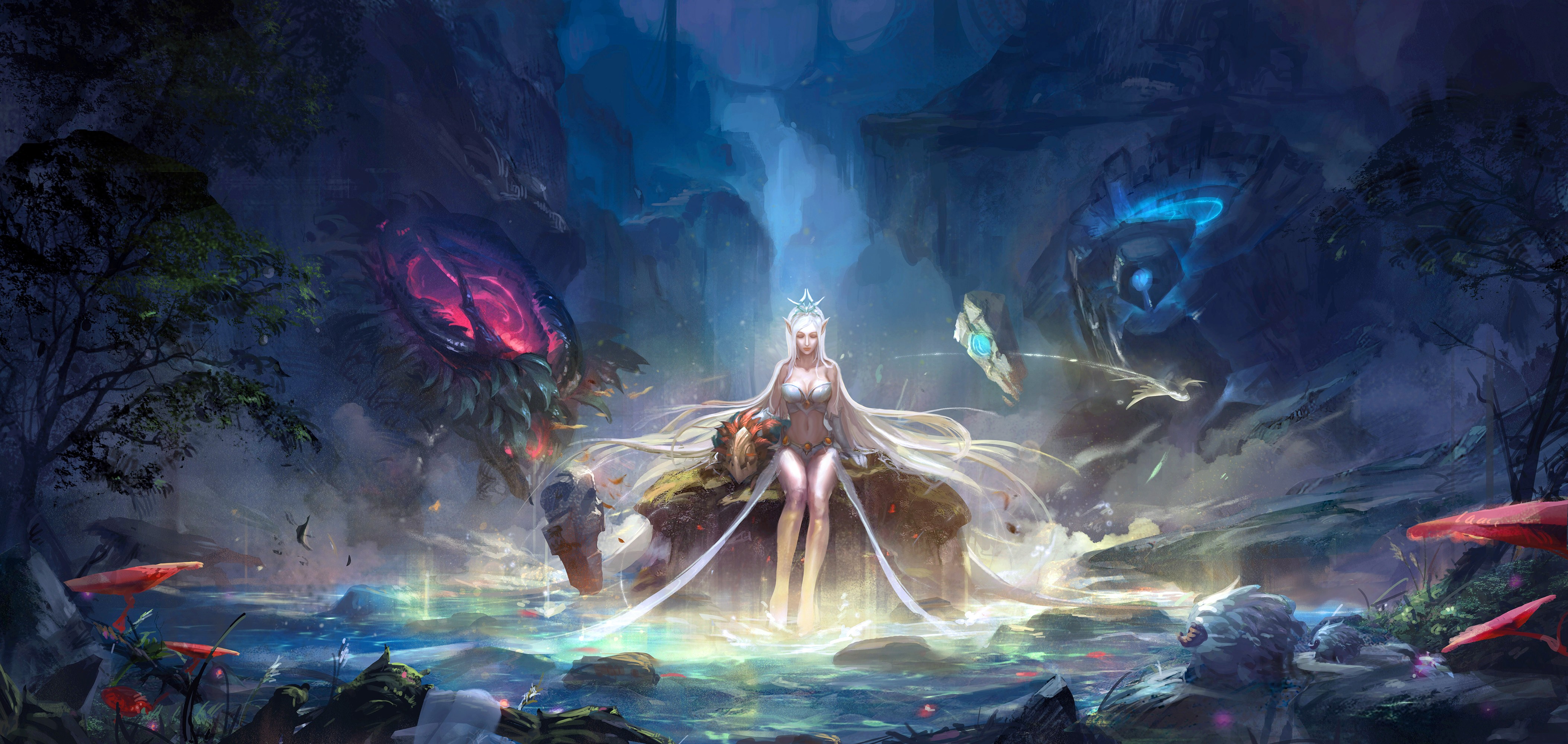 A fantasy art depiction of a League of Legends character sitting by a glowing pool, surrounded by magical creatures and flora