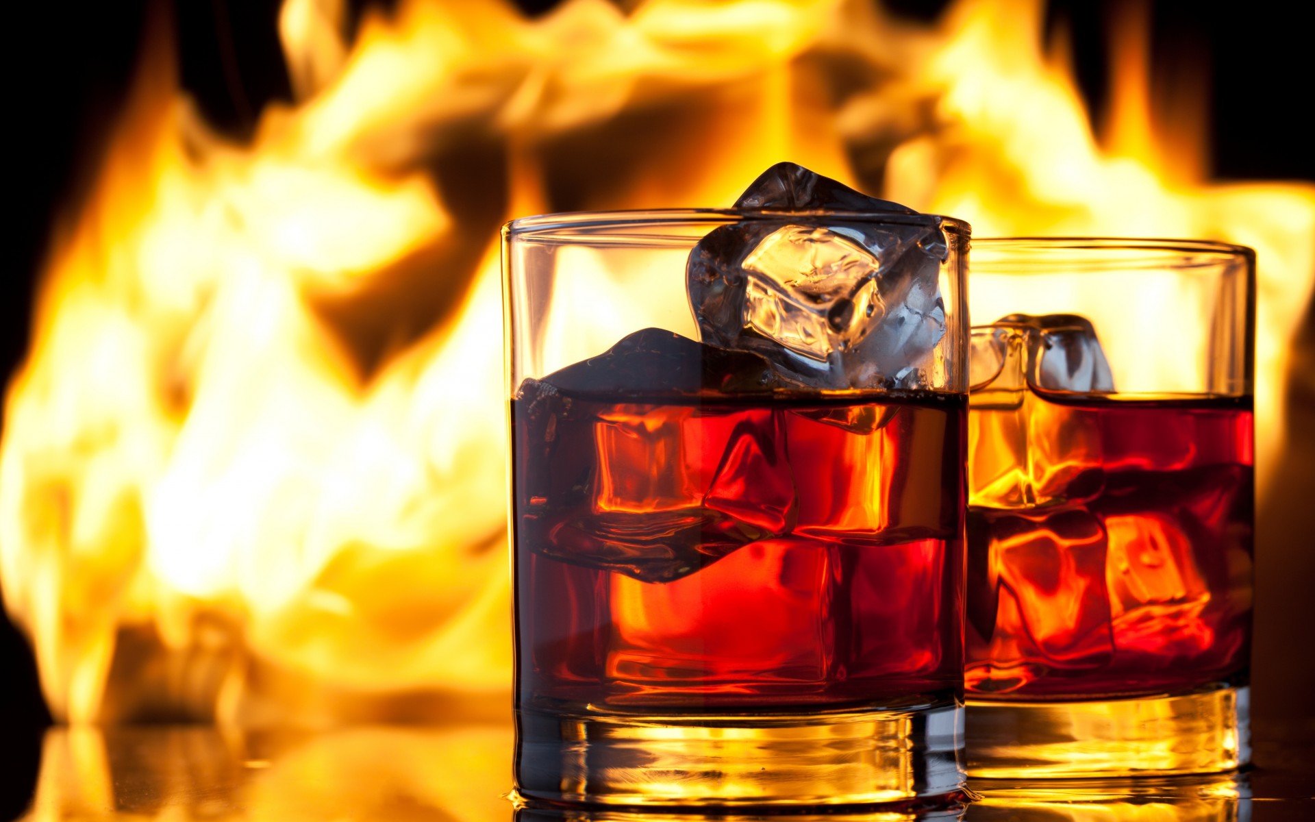Whiskey Drink Ice Glasses Fire Flame Alchohol Wallpaper Background