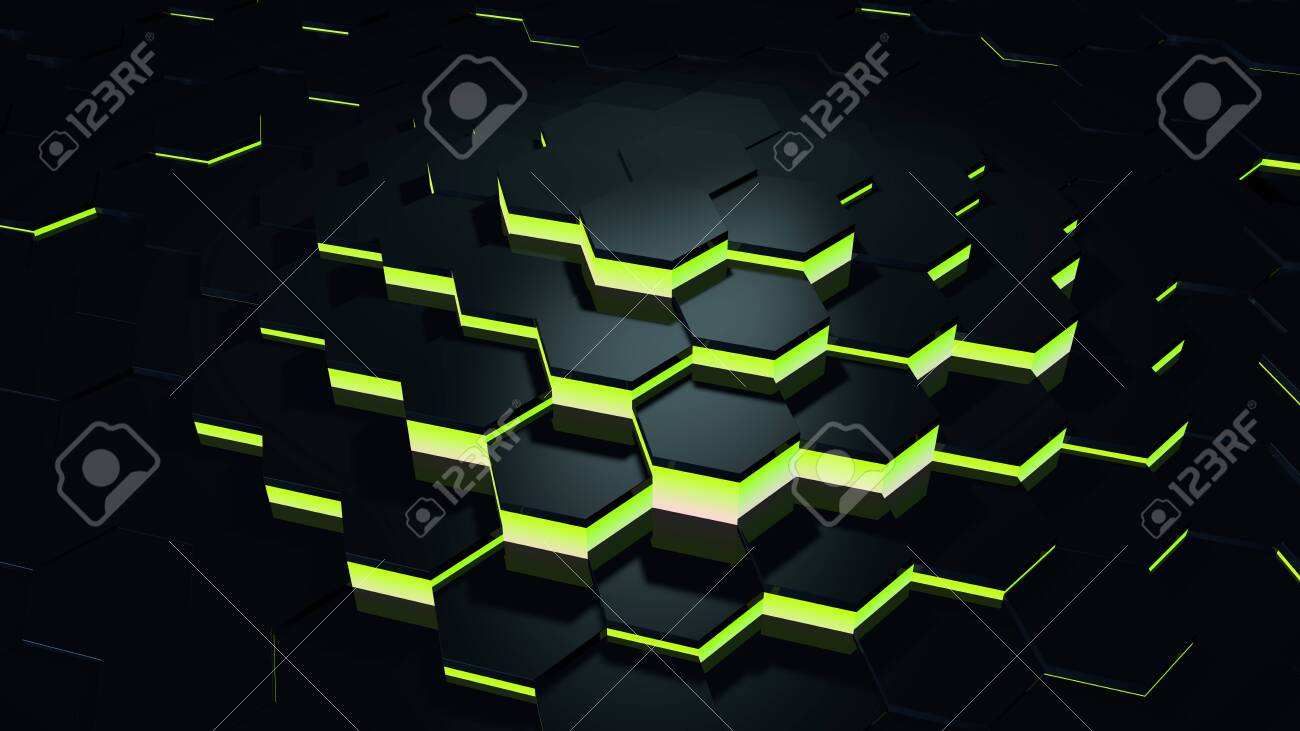 Black And Green Glowing Hexagon Background 3d Render Geometric