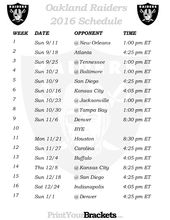 Raiders Printable Schedule