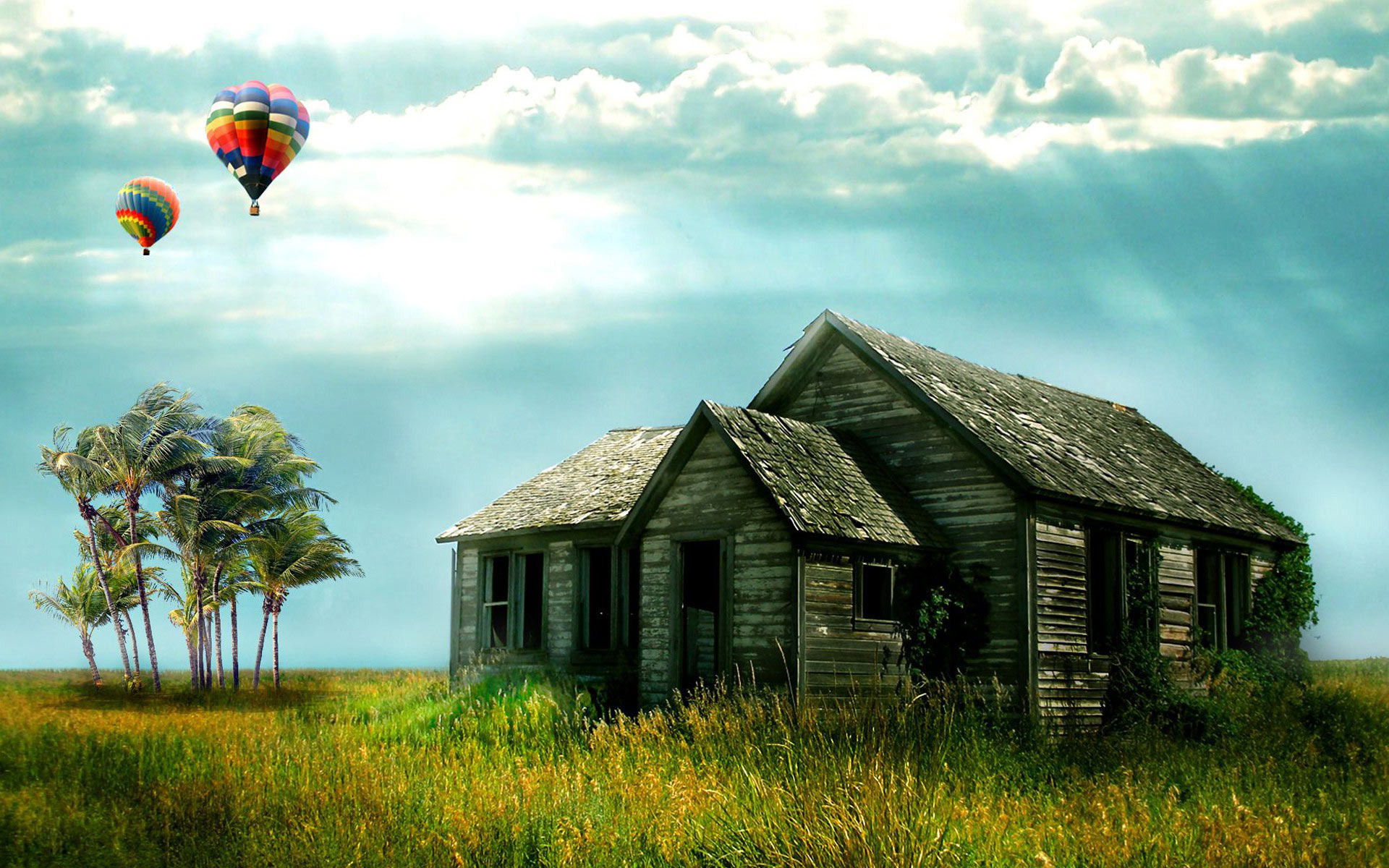 Old House And Balloons On The Field Wallpaper