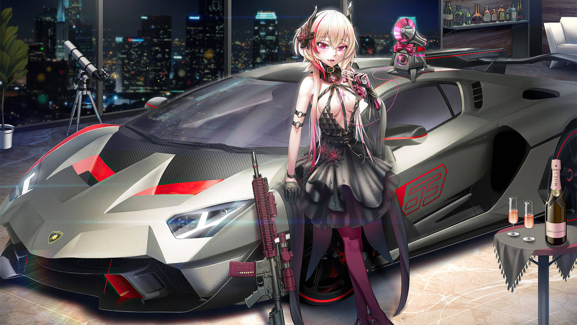 Girl With Weapons Next To A Car Anime Wallpaper