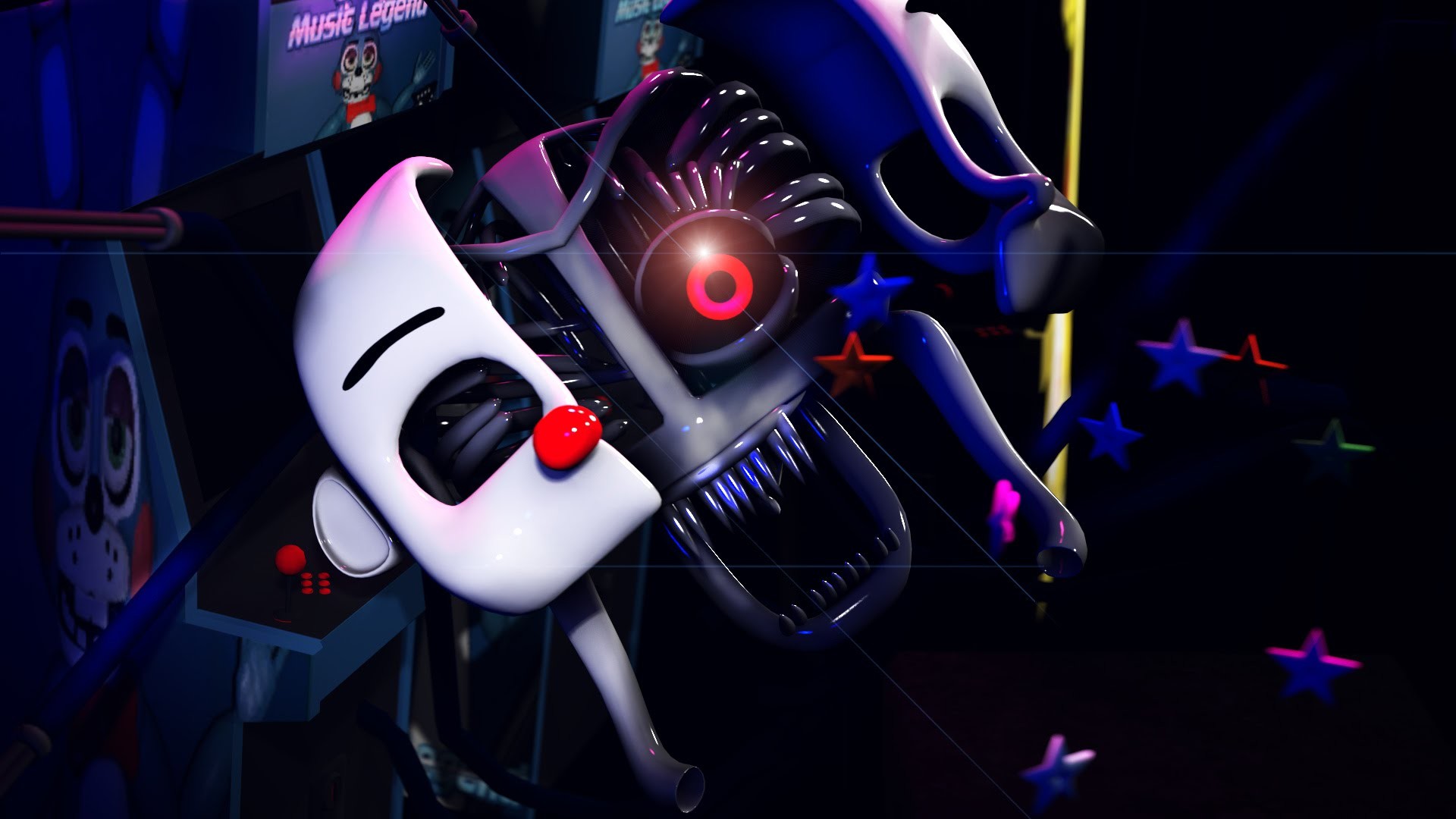 A chilling close-up of a deteriorated animatronic from Five Nights at Freddy's, featuring a broken mask, exposed endoskeleton, and a single glowing red eye