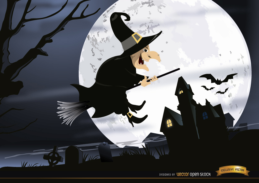Halloween Witch Flying Graveyard Night Wallpaper Vector