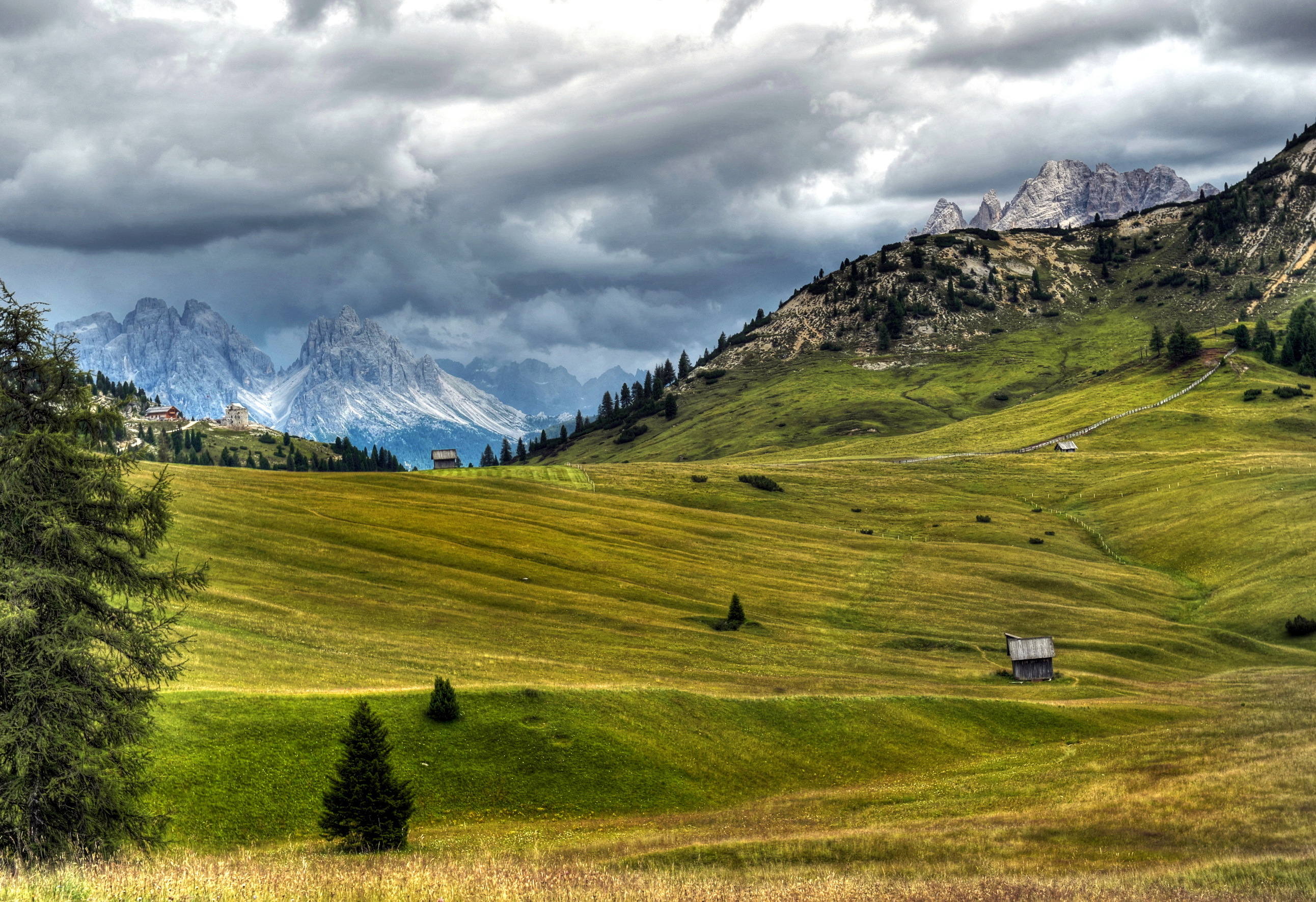 Italy Meadow Landscape Alps Clouds Nature Photo Wallpaper