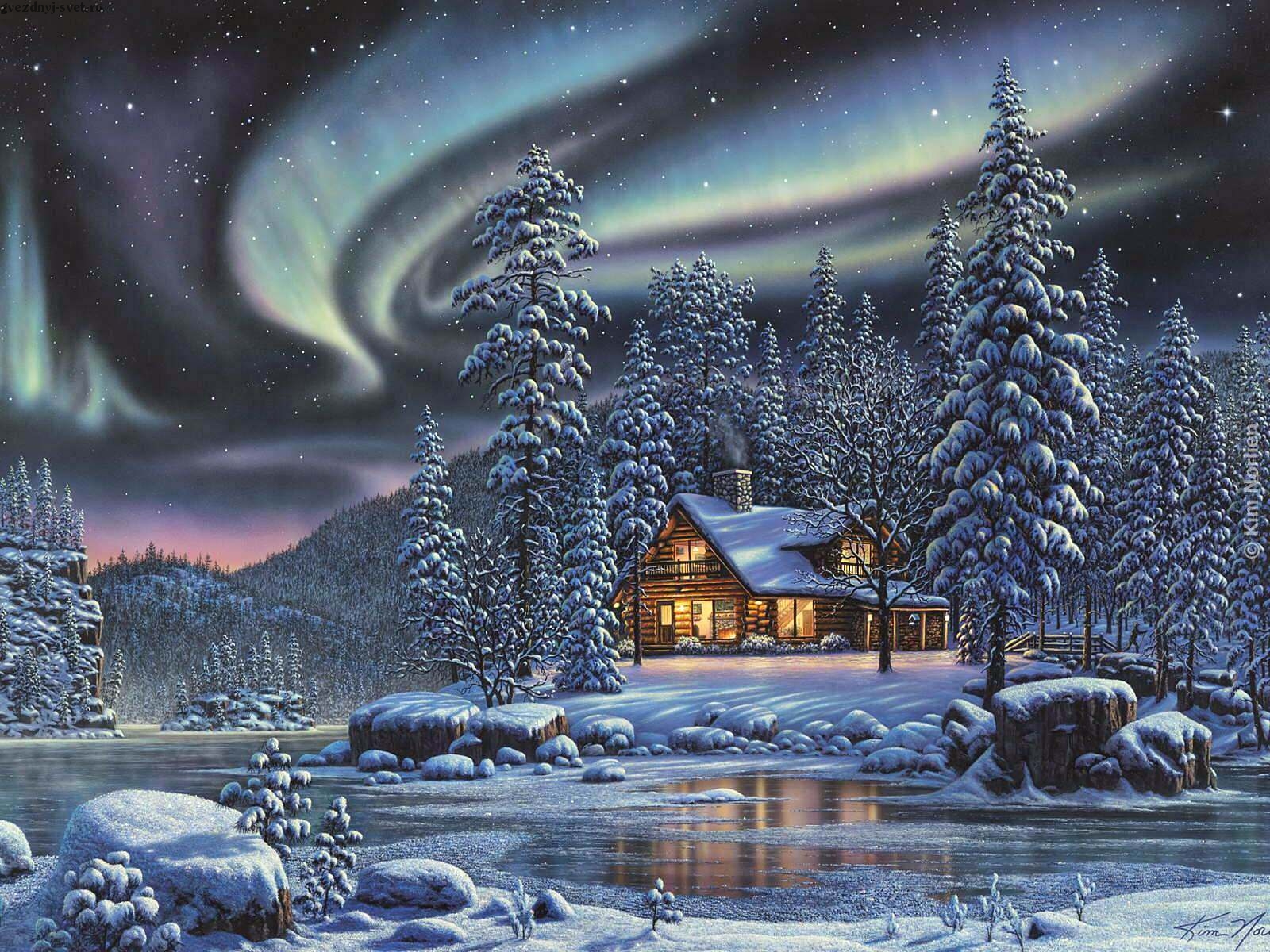 Winter House Forest River Night The Aurora Borealis Wallpaper