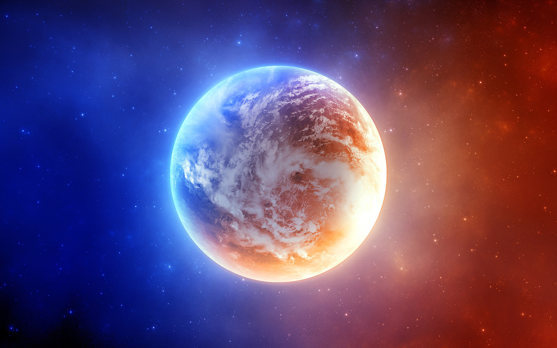 A vibrant and colorful image of a planet resembling Earth, set against a backdrop of a starry nebula with contrasting blue and red hues
