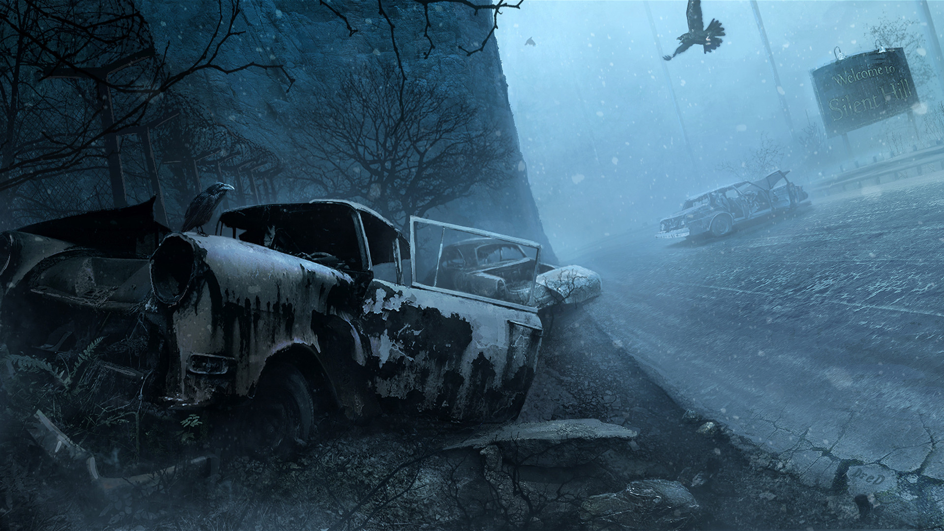 Silent Hill Wele To The Night Cars Snow Winter Birds