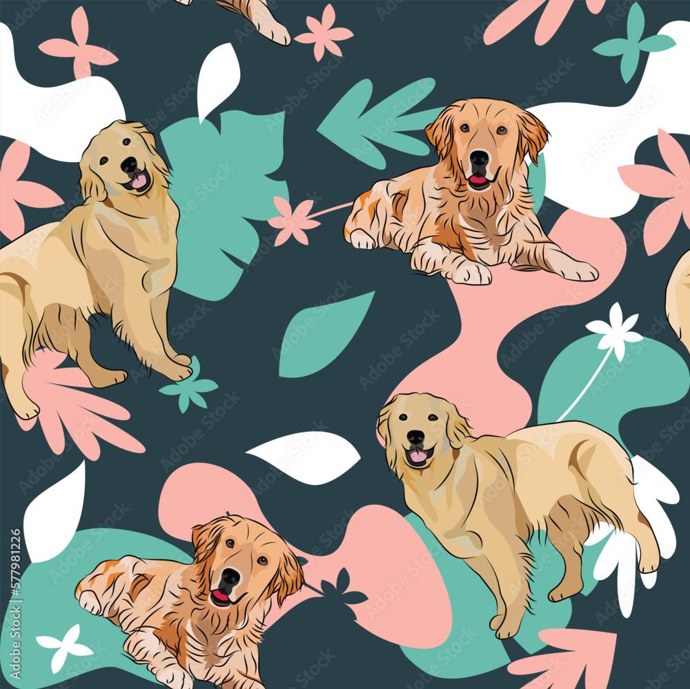 Free download Golden Retriever dog wallpaper with leaves palms flowers