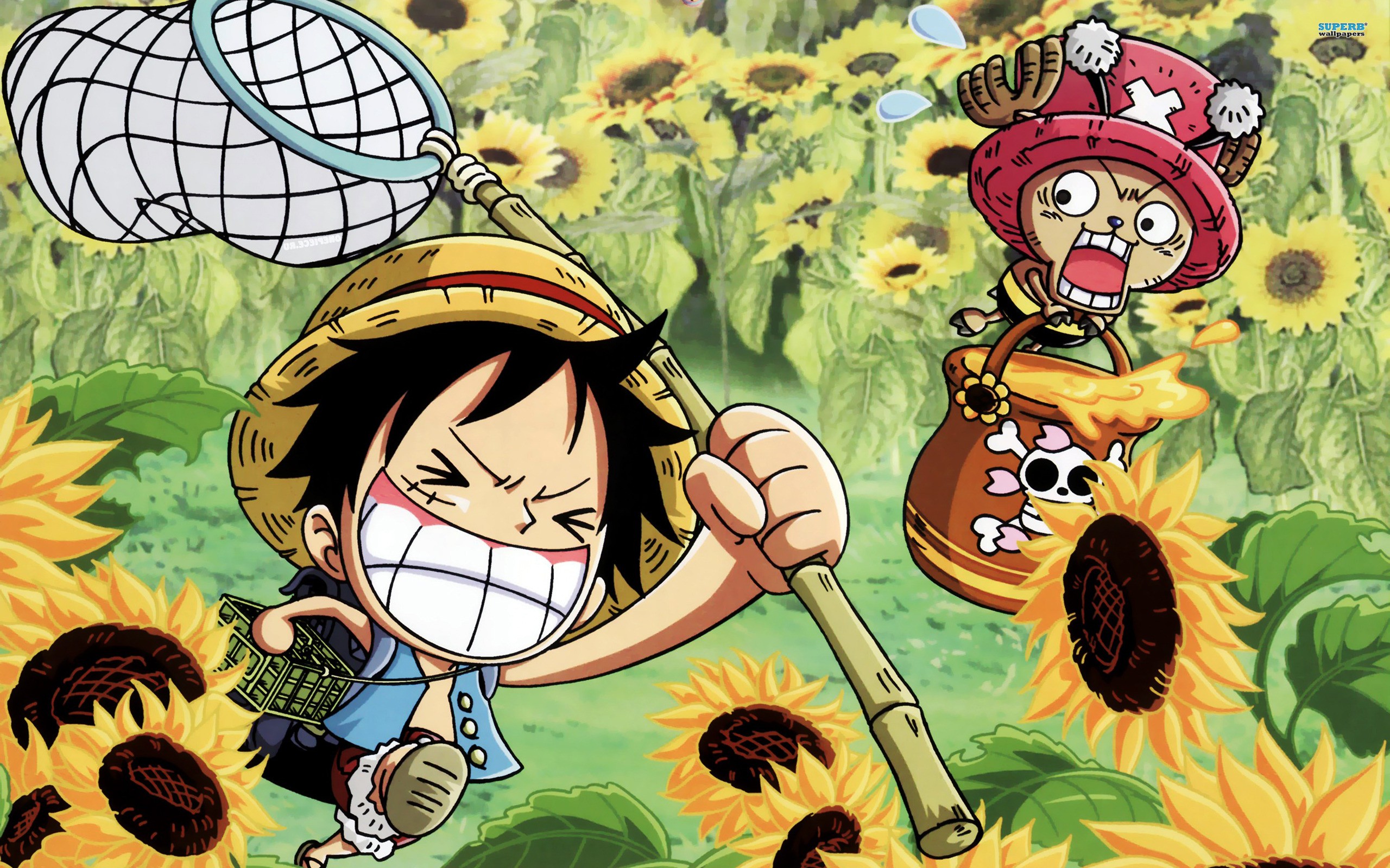Cute chibi-style depiction of Luffy and Chopper from One Piece in a sunflower field