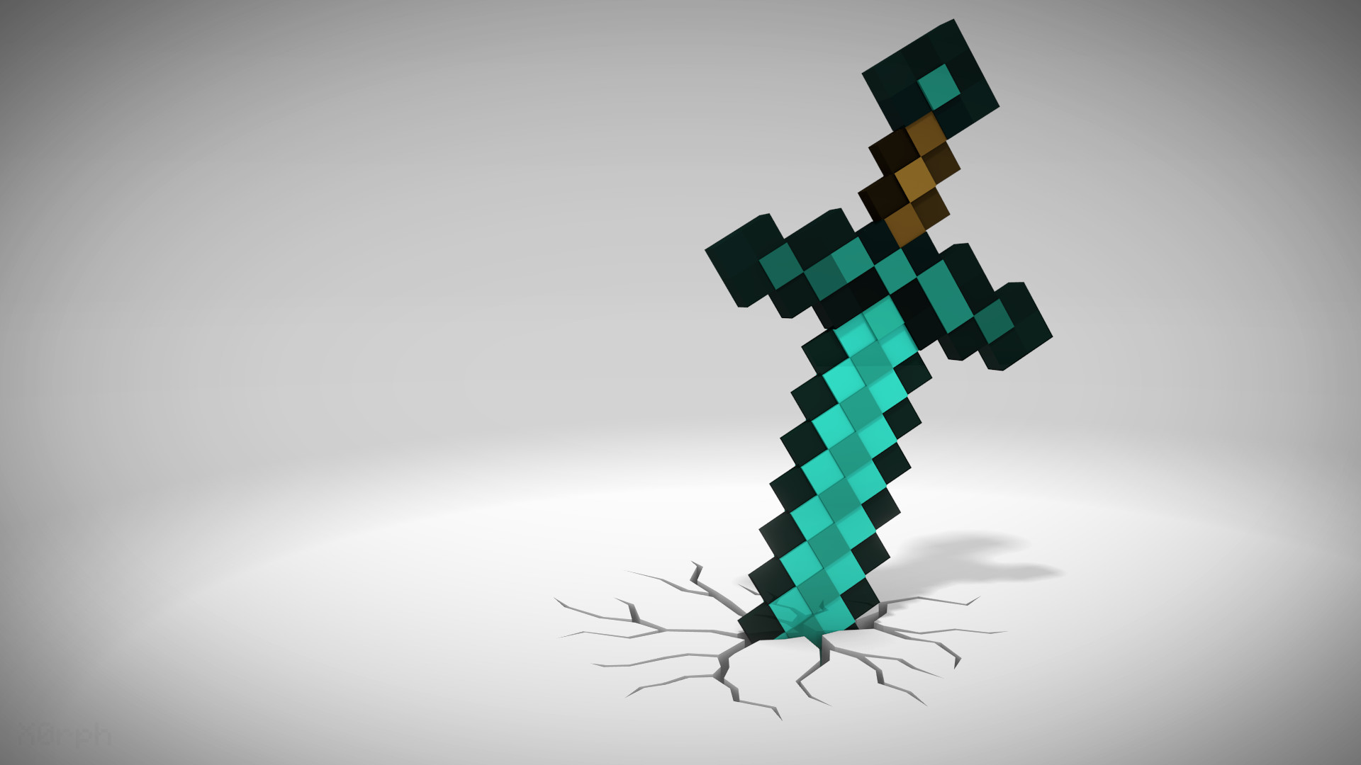 A pixelated diamond sword from Minecraft stuck in a cracked white surface, evoking a sense of impact and humor