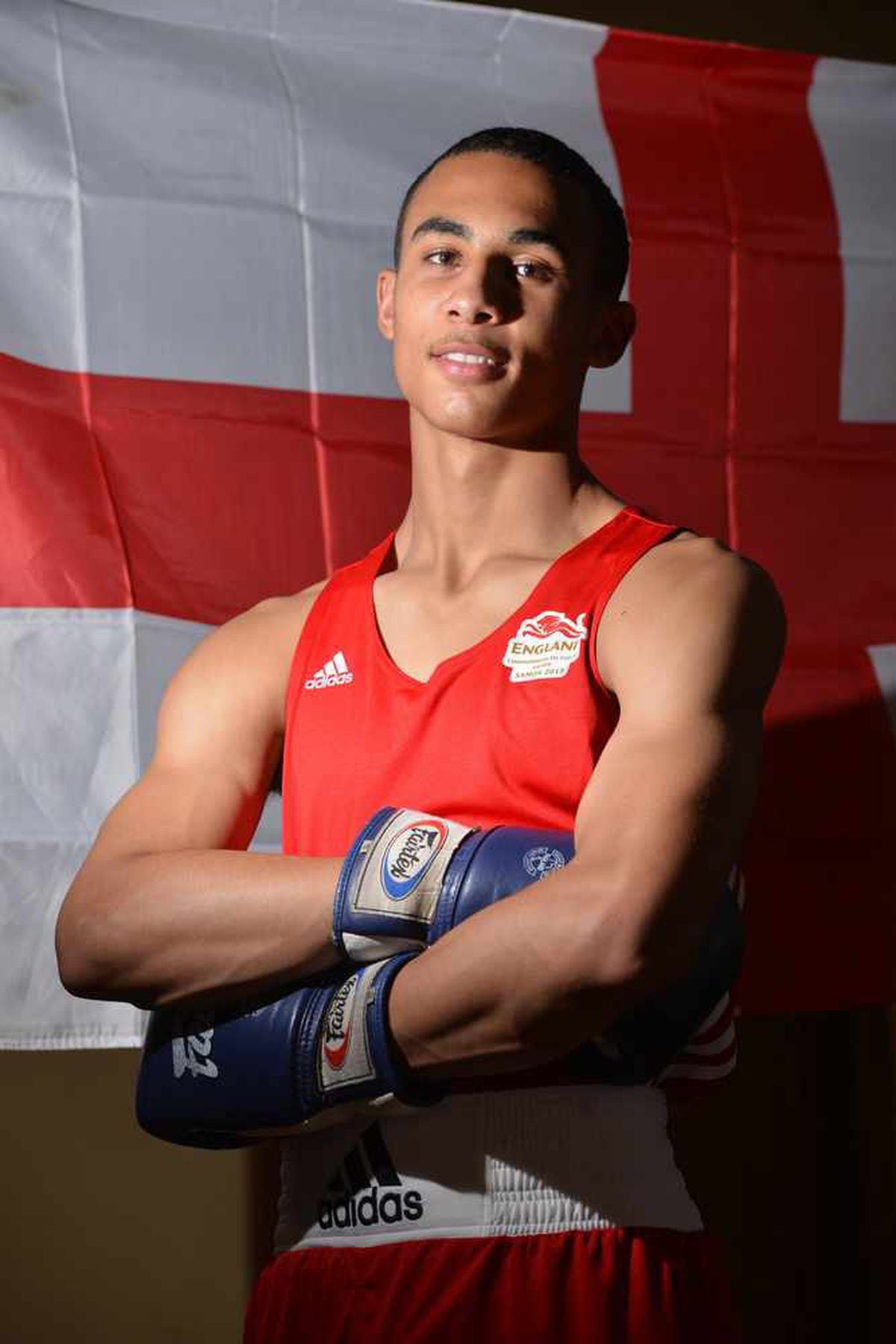 Benjamin Whittaker, English Boxer, Posing in Front of England Flag