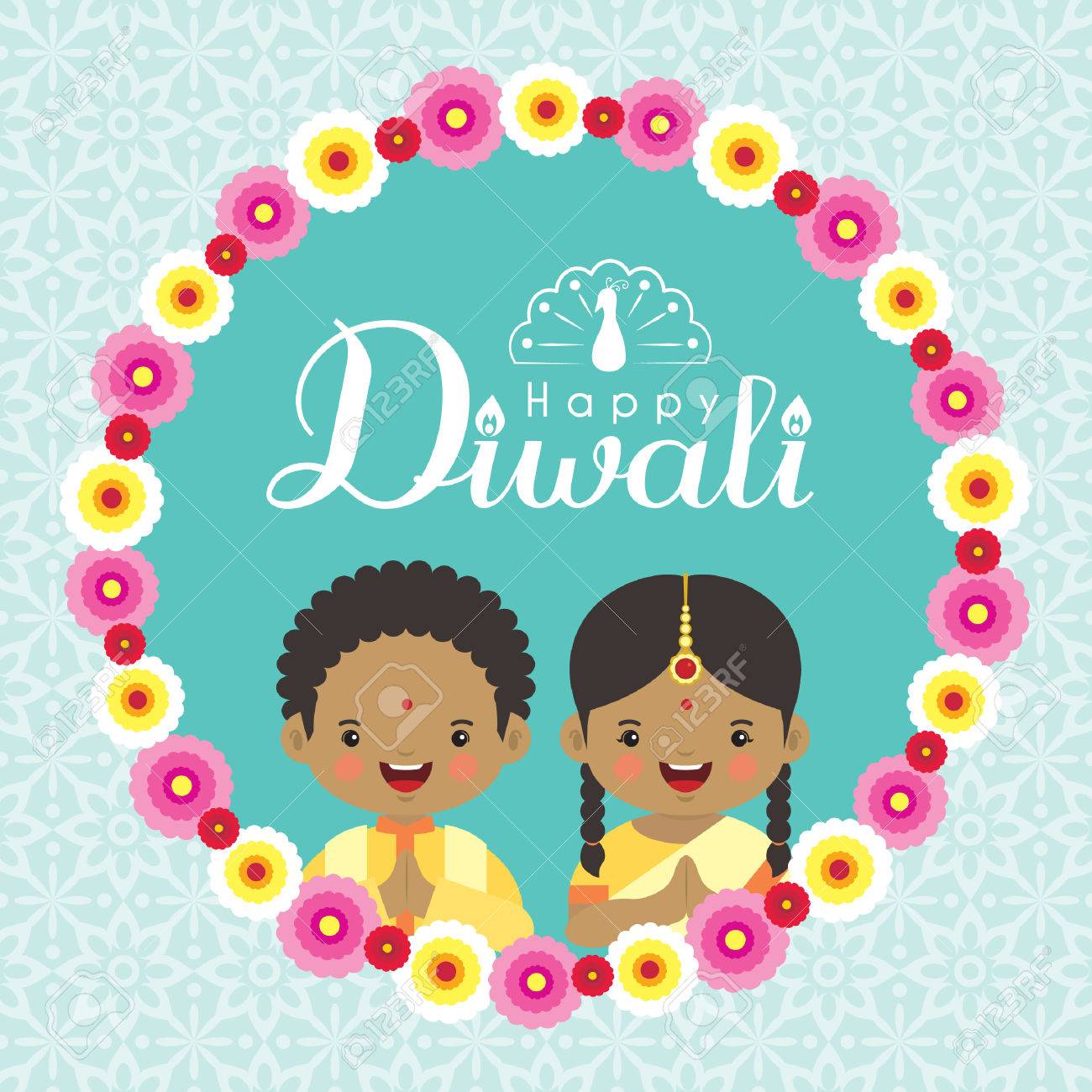 Diwali Or Deepavali Greeting Cardd With Cute India Kids And Floral