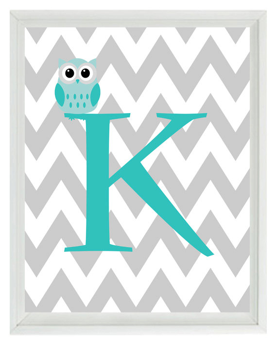 Chevron Initial Letter Art Print   Owl Nursery Aqua Gray Personalized
