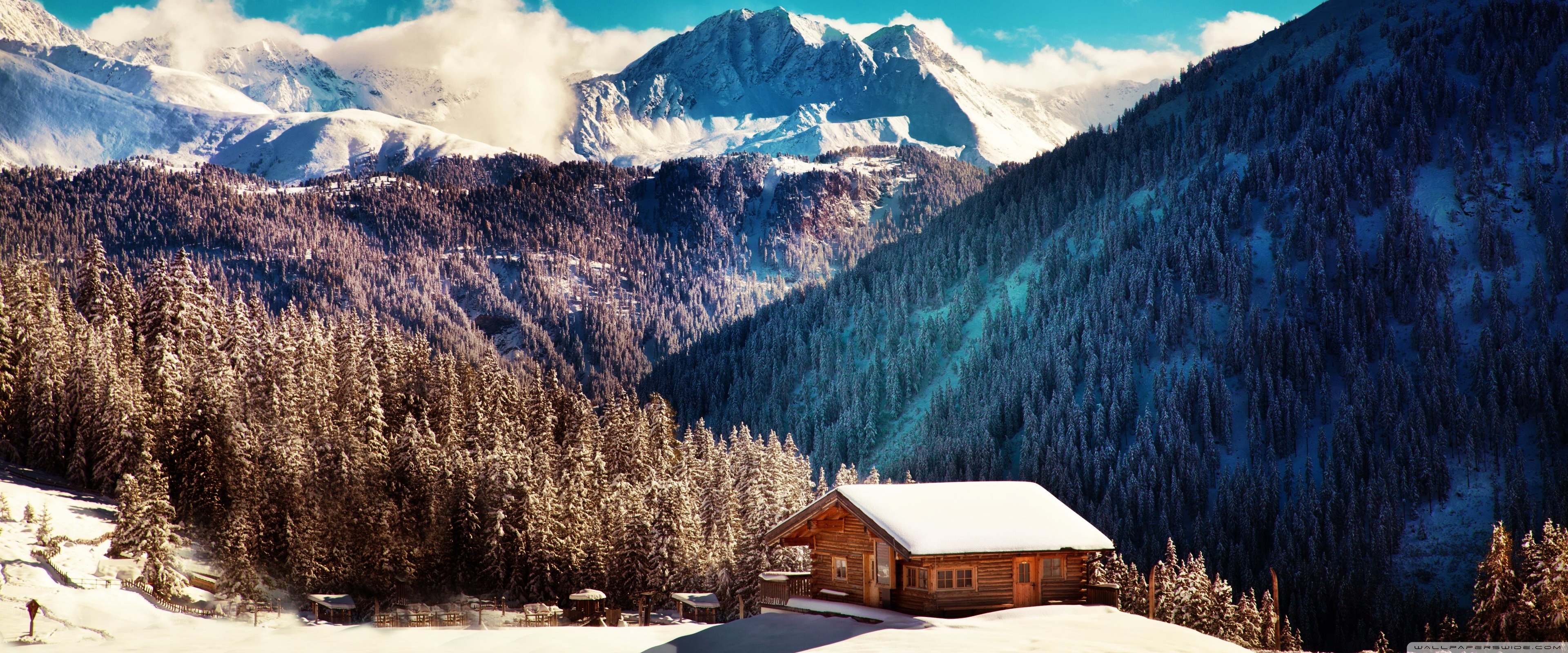 Mountain Chalet Winter Ultra HD Desktop Background Wallpaper For