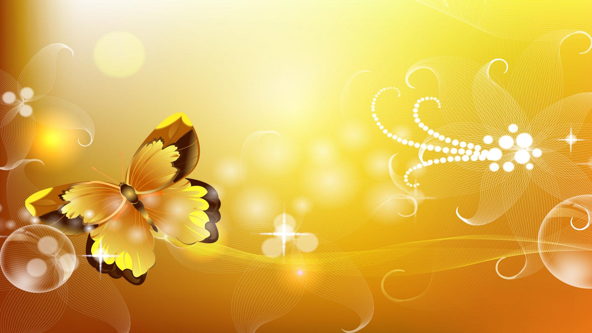 A vibrant yellow butterfly with dark markings gracefully flits across a sunny yellow background adorned with delicate white floral designs and sparkling bubbles, creating a cheerful and whimsical wallpaper
