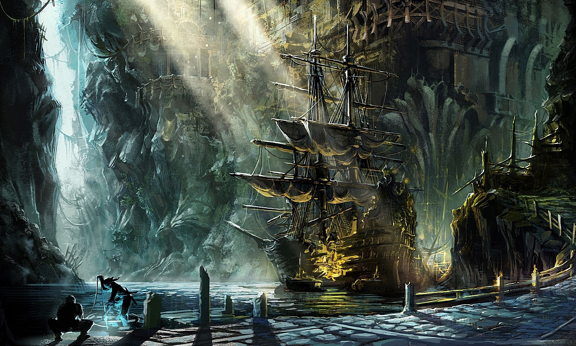 fantasy ship pirate magic cities harbor bay sunlight beam ray art