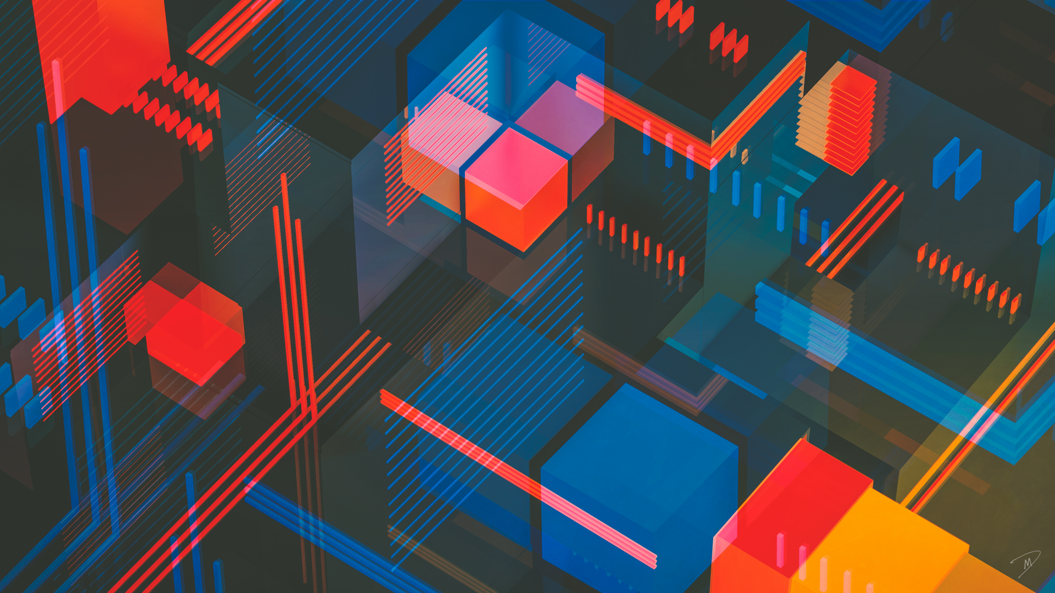 Abstract 4k wallpaper with vibrant neon cubes and geometric lines in a dark, futuristic setting