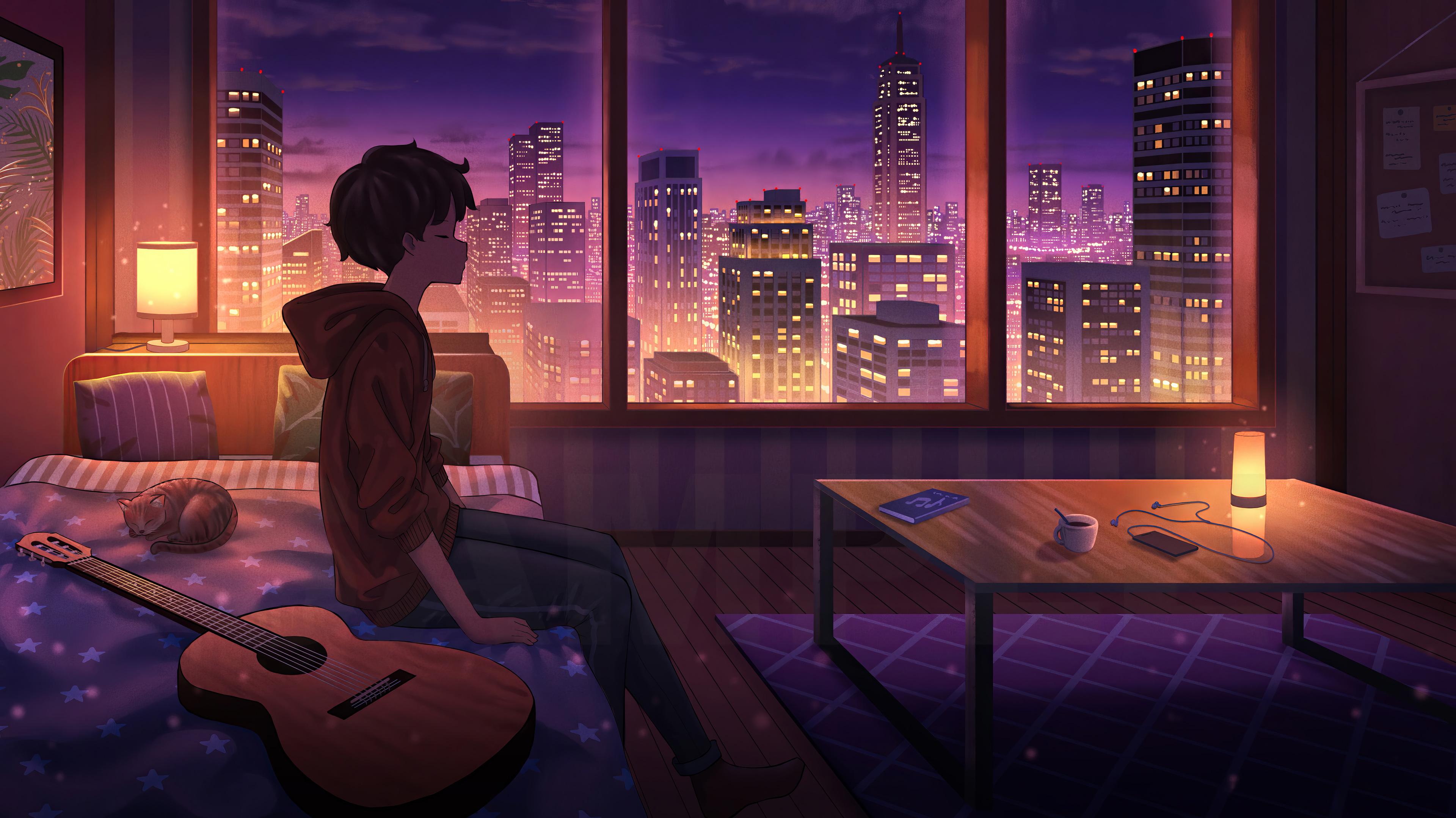 Anime Boy Window City Building Scenery Room Bed Guitar Wallpaper