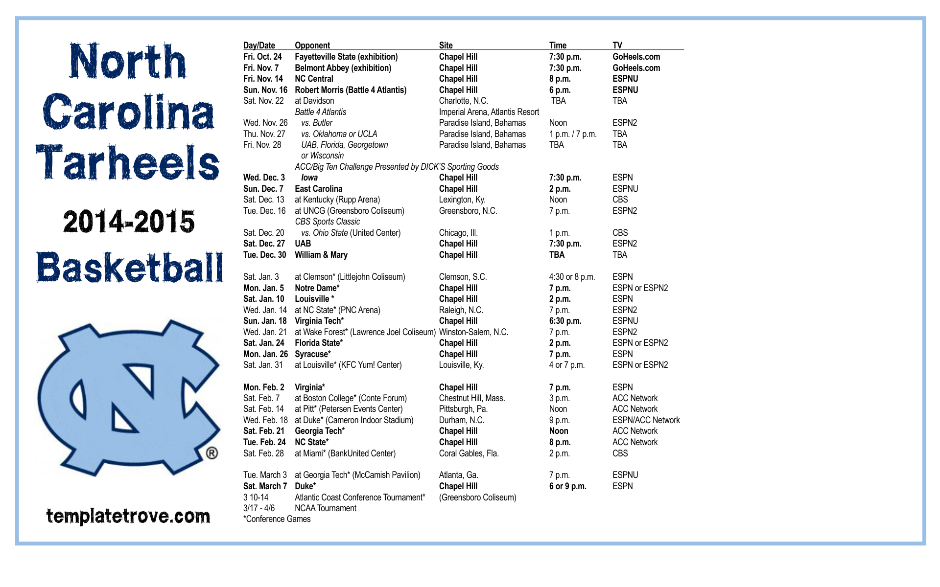 University Of North Carolina Basketball Schedule