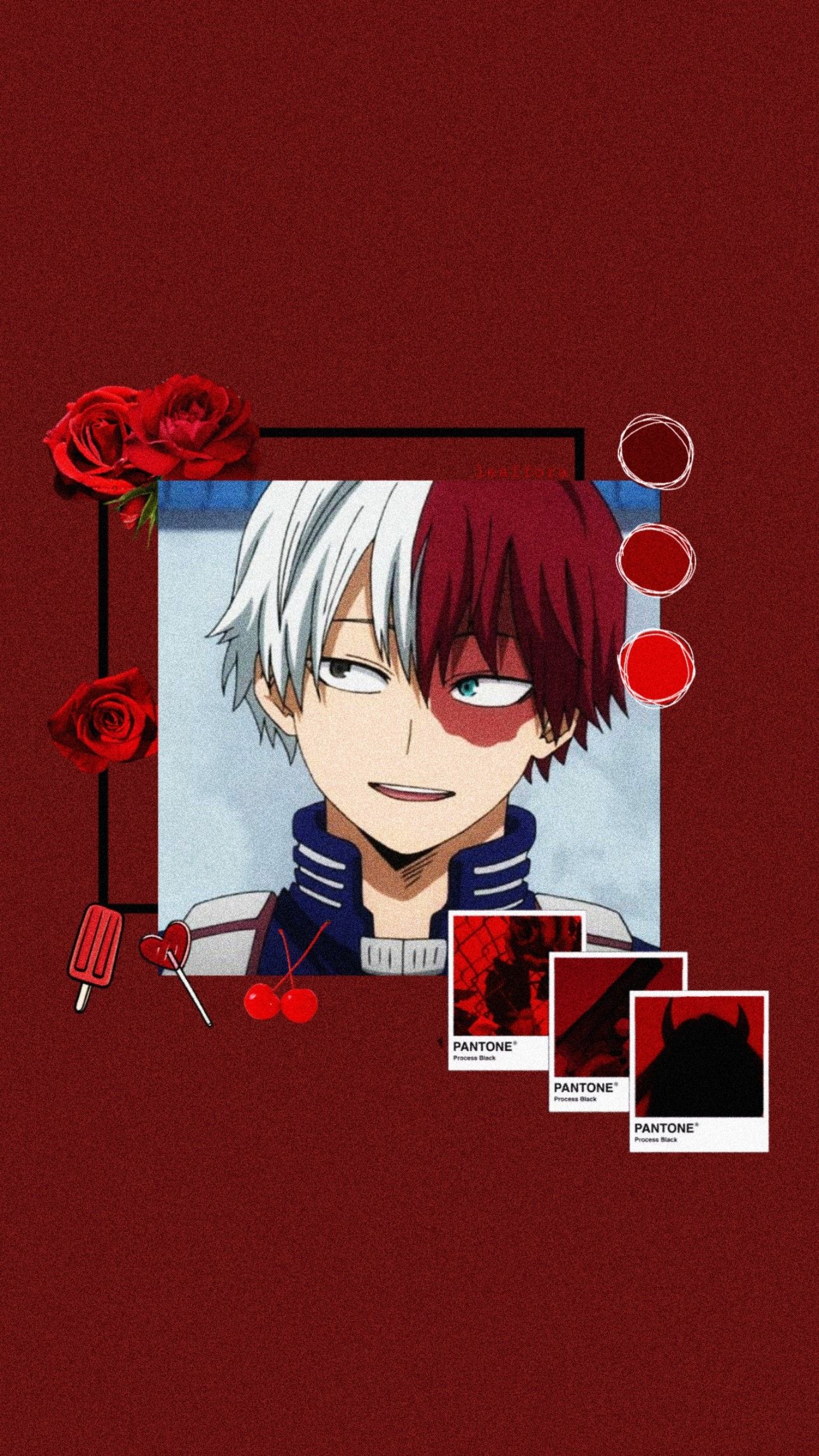 A fan-made collage featuring Shoto Todoroki from My Hero Academia on a textured maroon background