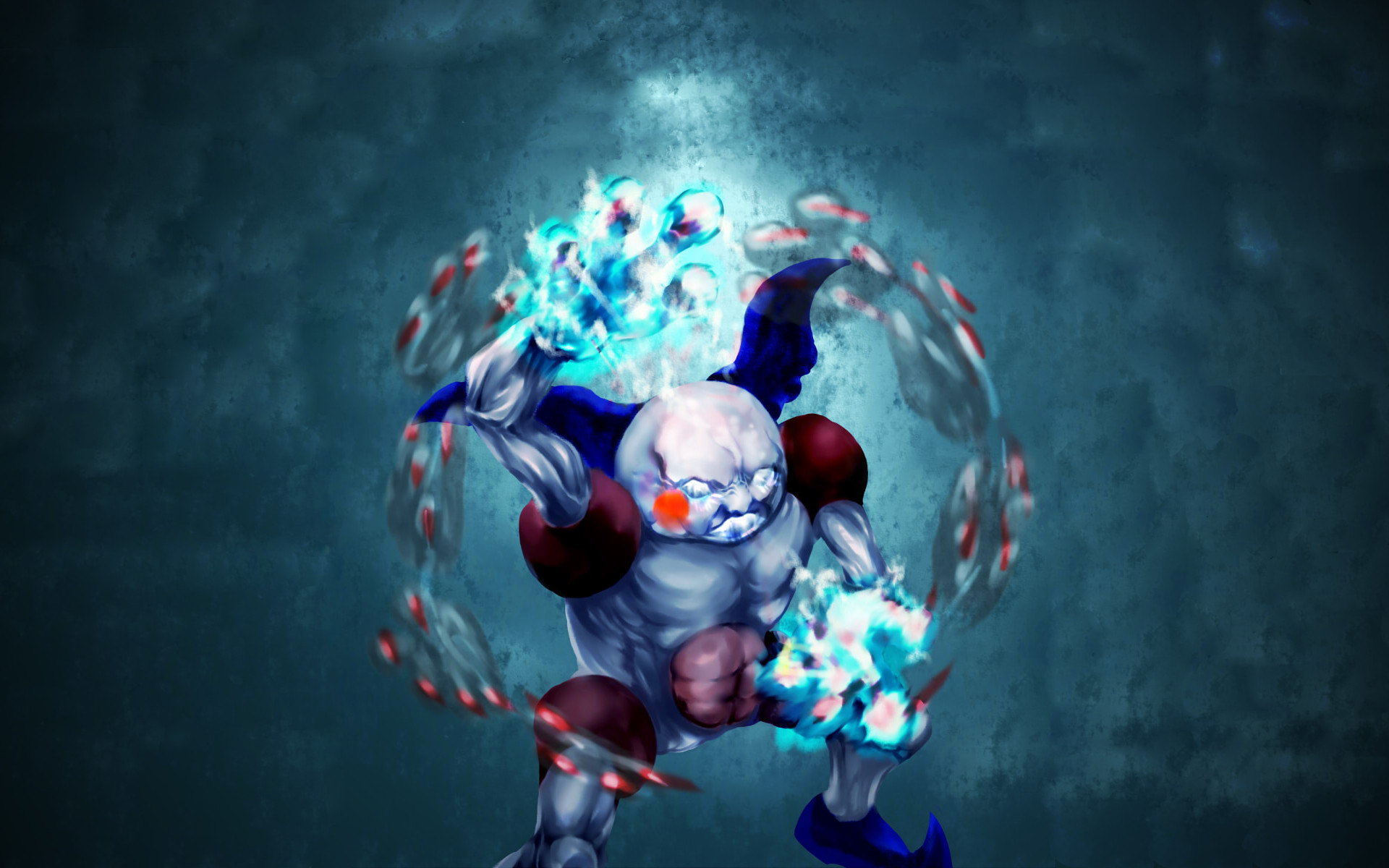 A dynamic digital artwork featuring a Pokémon, possibly fan-made, exuding power with glowing icy fists amidst a swirling aura