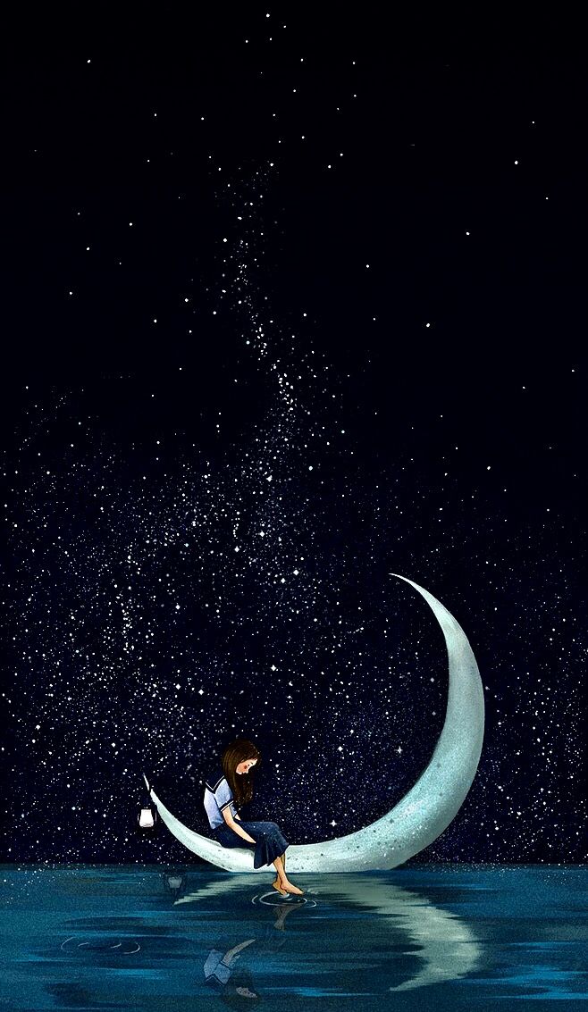 Up By Cloudy Moon Art Night Sky Wallpaper Anime Scenery