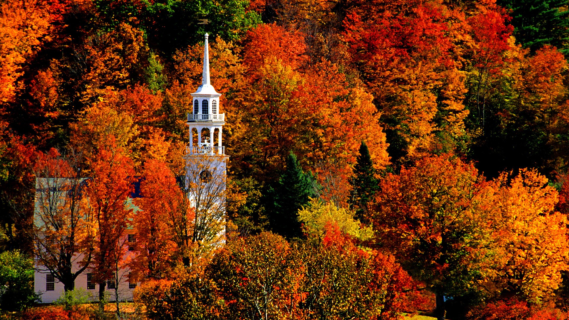 Church In Peak Fall Color Strafford Full HD Wallpaper