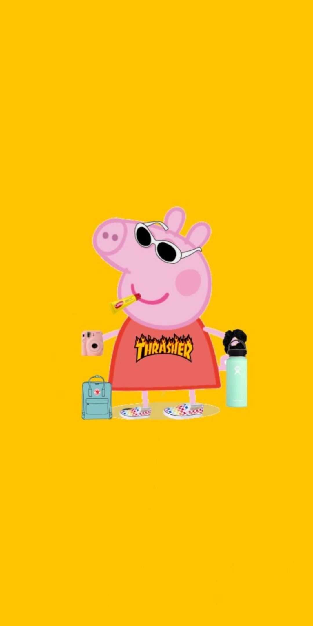 A stylized image of Peppa Pig wearing a Thrasher shirt, sunglasses, and holding a polaroid camera and hydroflask