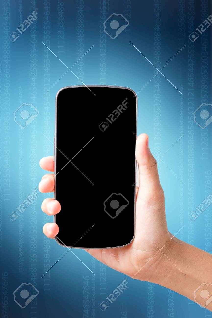 Women Hand Touch Smart Phone On Dark Blue Background Stock Photo