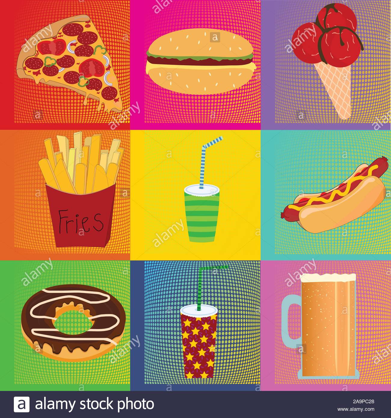 Pop Art Andy Warhol Background With Dots And Food Icond Pizza