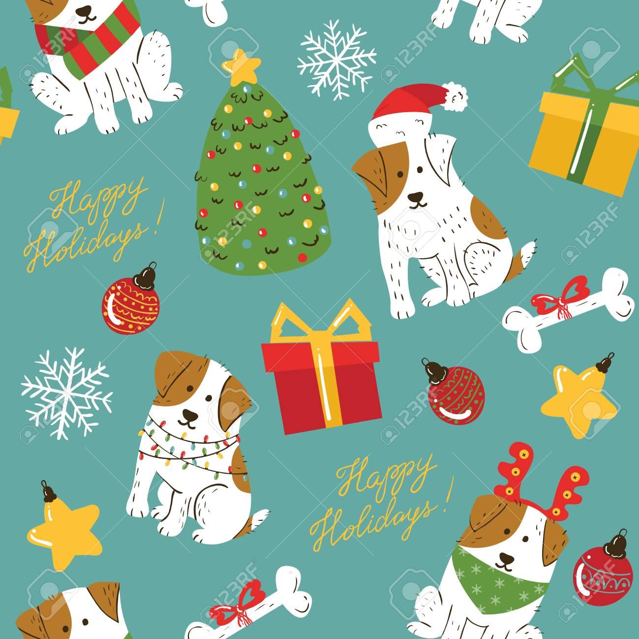 Christmas Cute White Dogs With Brown Spots Seamless Pattern Funny