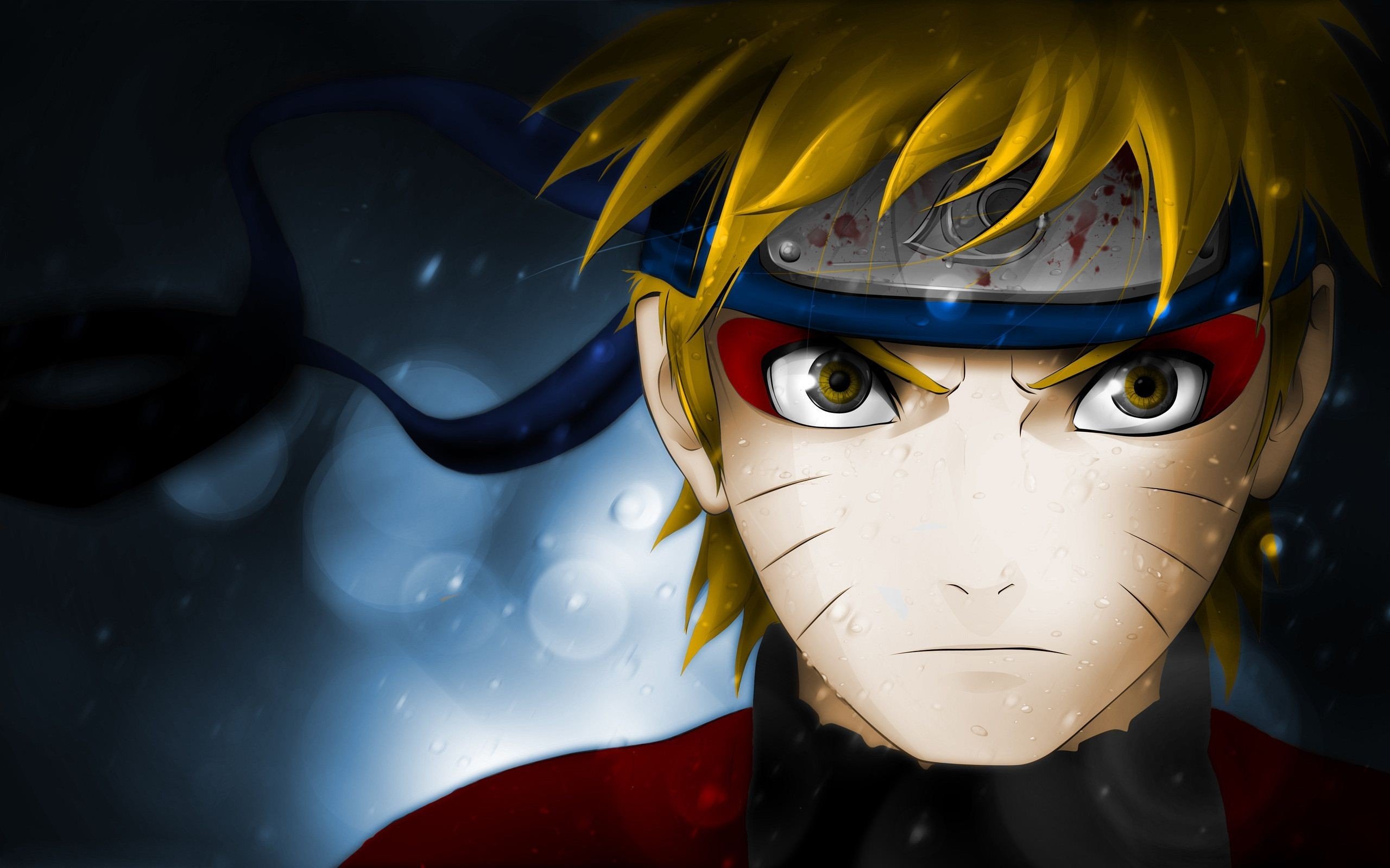 Close-up of Naruto Uzumaki with a determined expression, water droplets on his face, and a dark, dramatic background. From the anime series 'Naruto Shippuden'