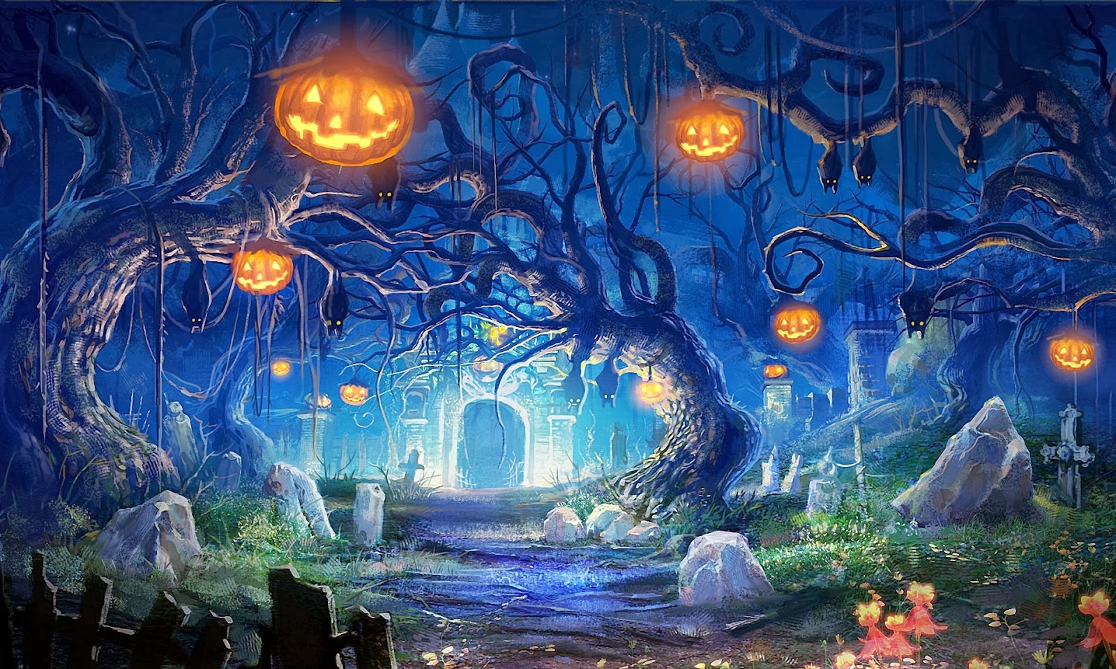 Halloween Pumpkin Lantern Graveyard Forest Widescreen HD Wallpaper X3