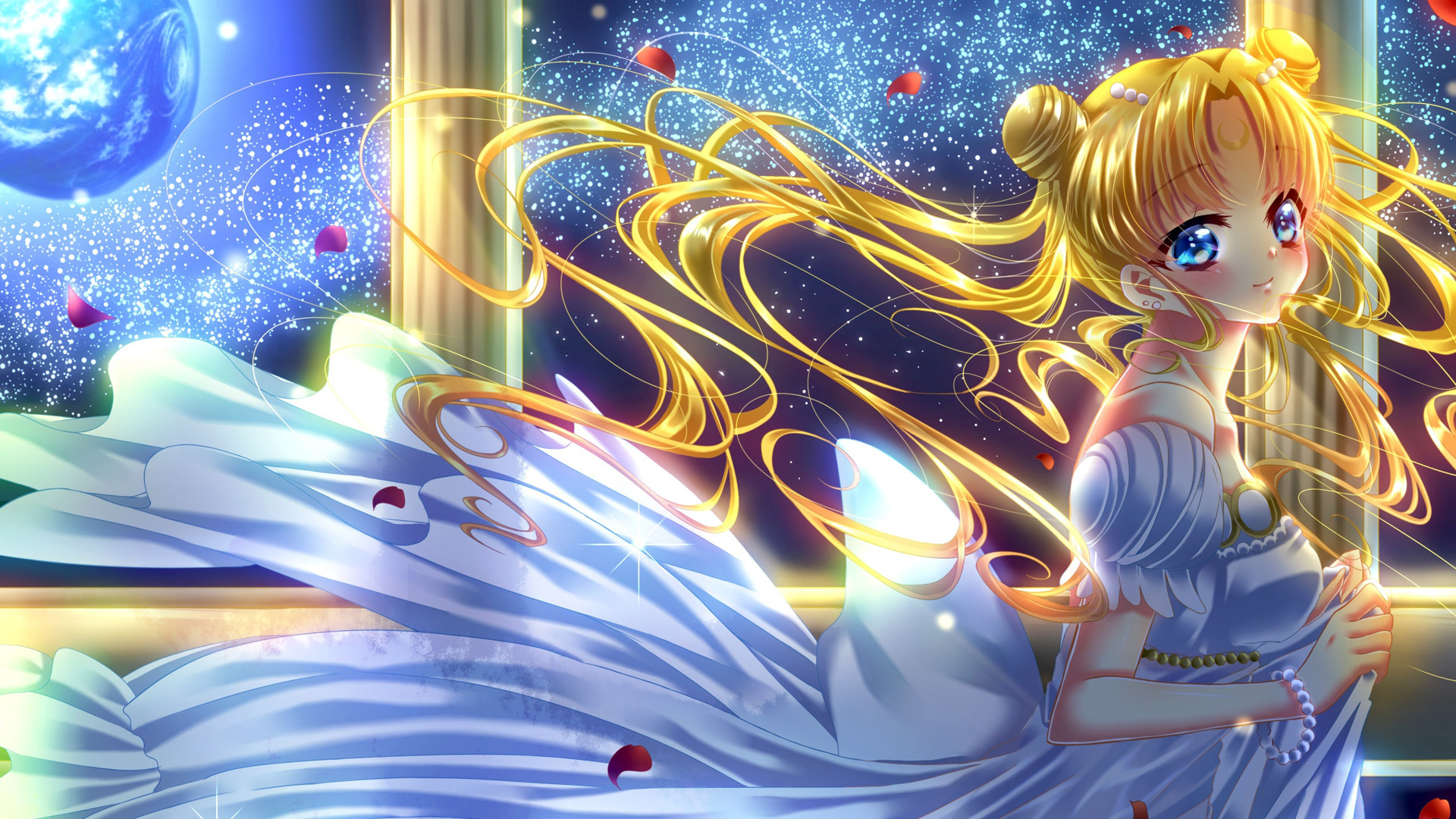 Princess Serenity in a flowing blue gown, with long golden hair cascading around her, set against a backdrop of a starry night sky and rose petals