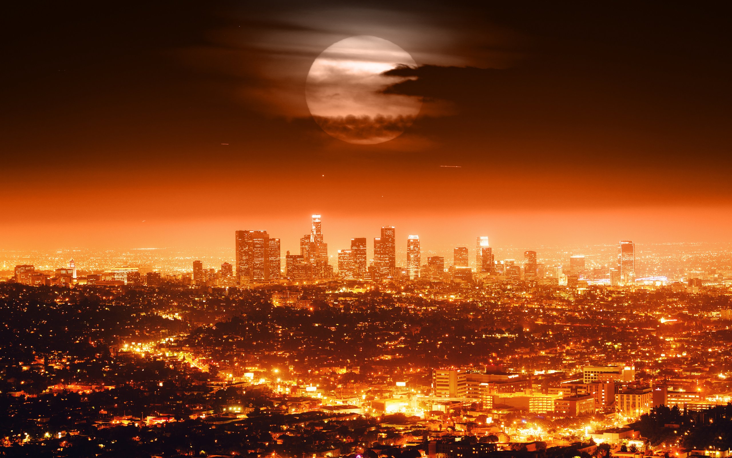 Lights Night Los Angeles Skyline Full Moon Wallpaper Background