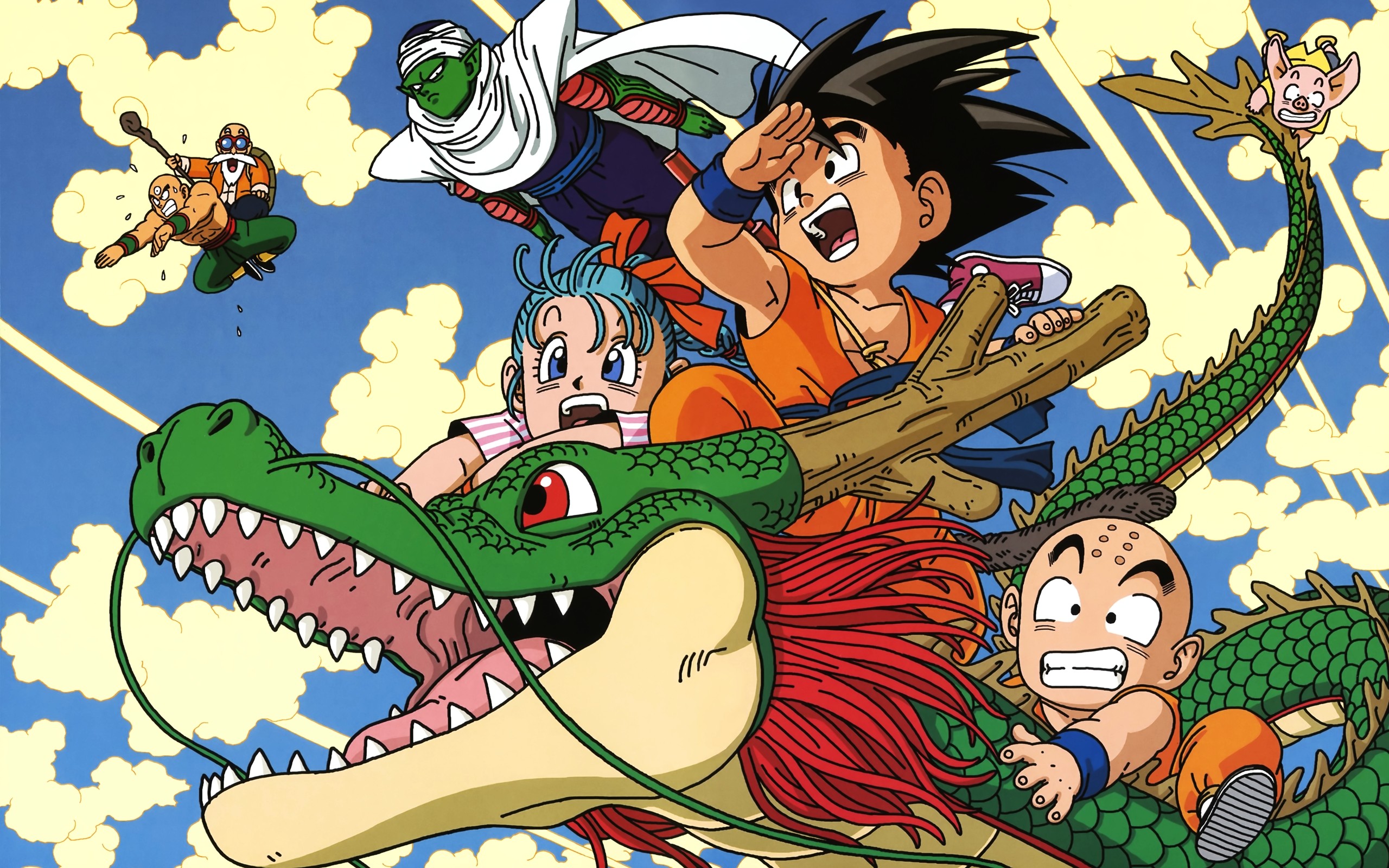 Dragon Ball Z characters flying on Shenron the Eternal Dragon in a vibrant anime style