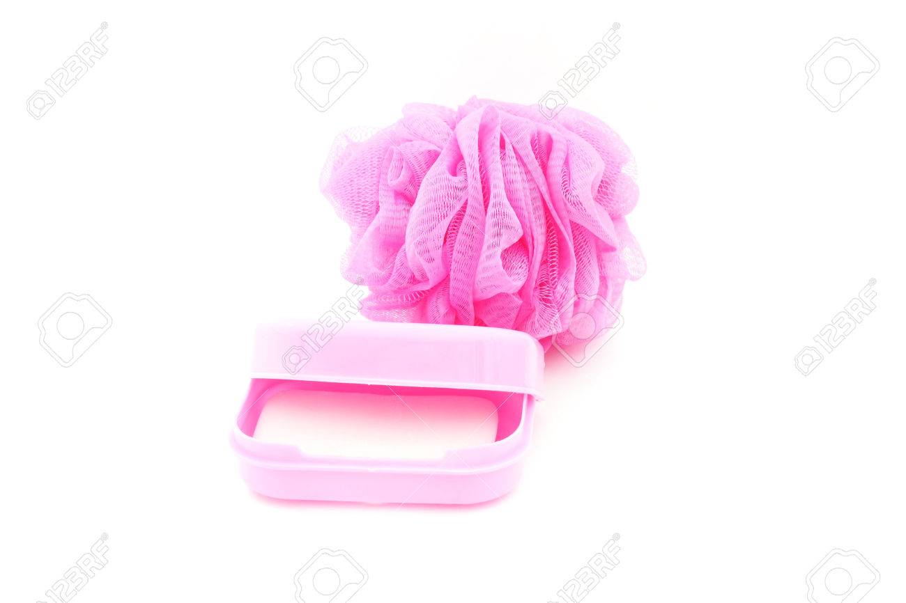 Pink Soapbox With Soap And Shower Scrubber On White Background