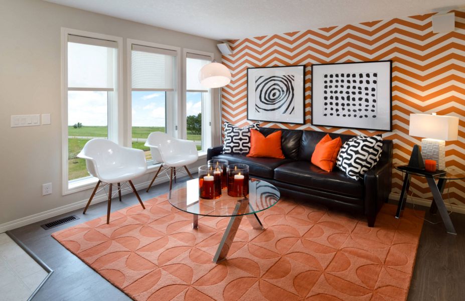 Geometric wallpaper in orange for living room