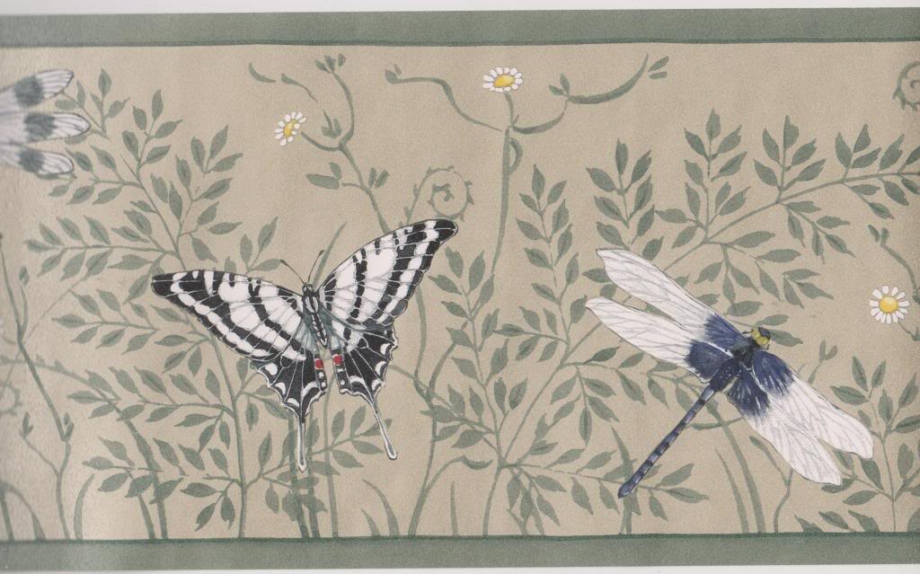 Metallic Butterflies Dragonflies Green Trim Wallpaper Border Seabrook
