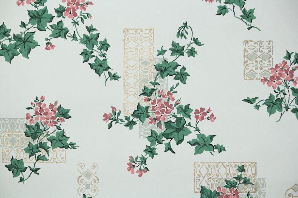  Wallpaper Ivy and Pink Flowers with Metallic Gold Geometric Design