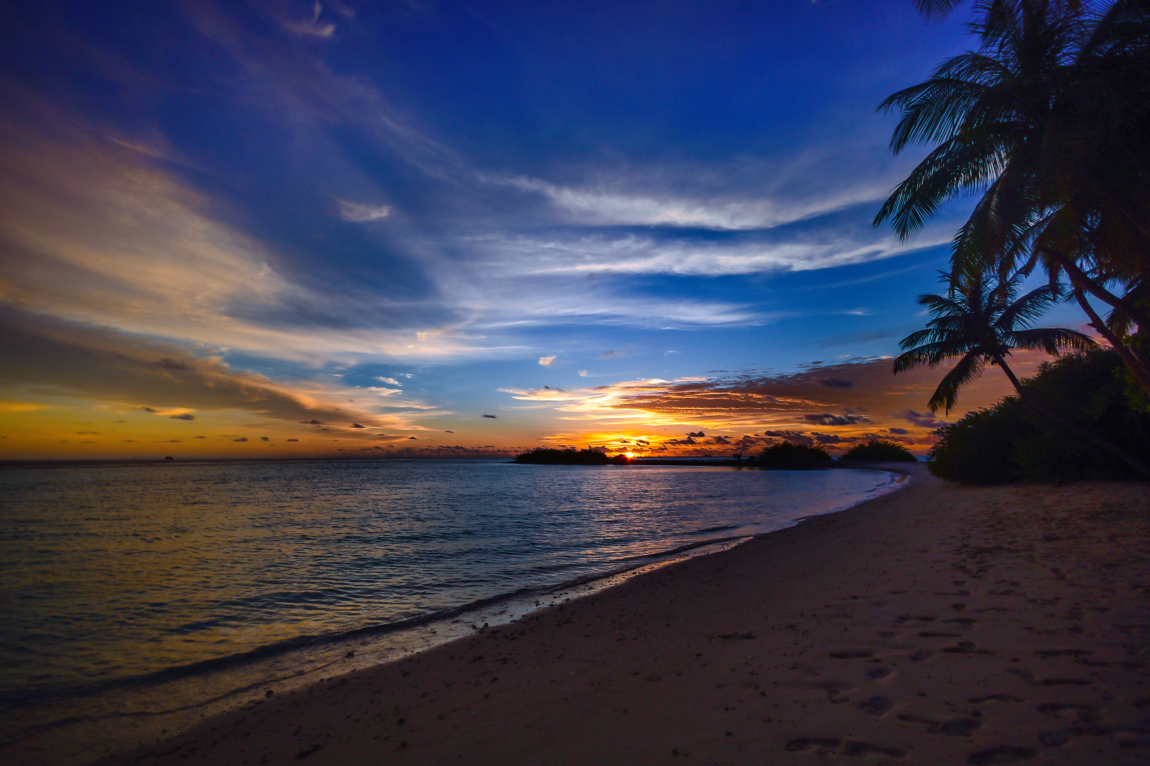 A breathtaking 4K wallpaper of a tropical beach at sunset. The vibrant colors of the sky are reflected in the calm ocean waters, while palm trees sway gently in the foreground