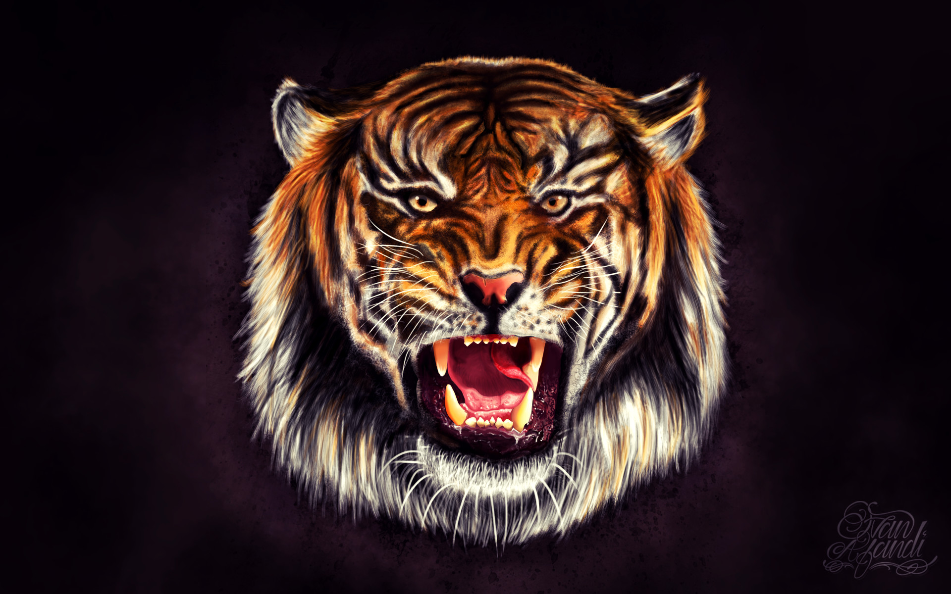 A fierce tiger's head roaring against a dark background, showcasing its powerful presence