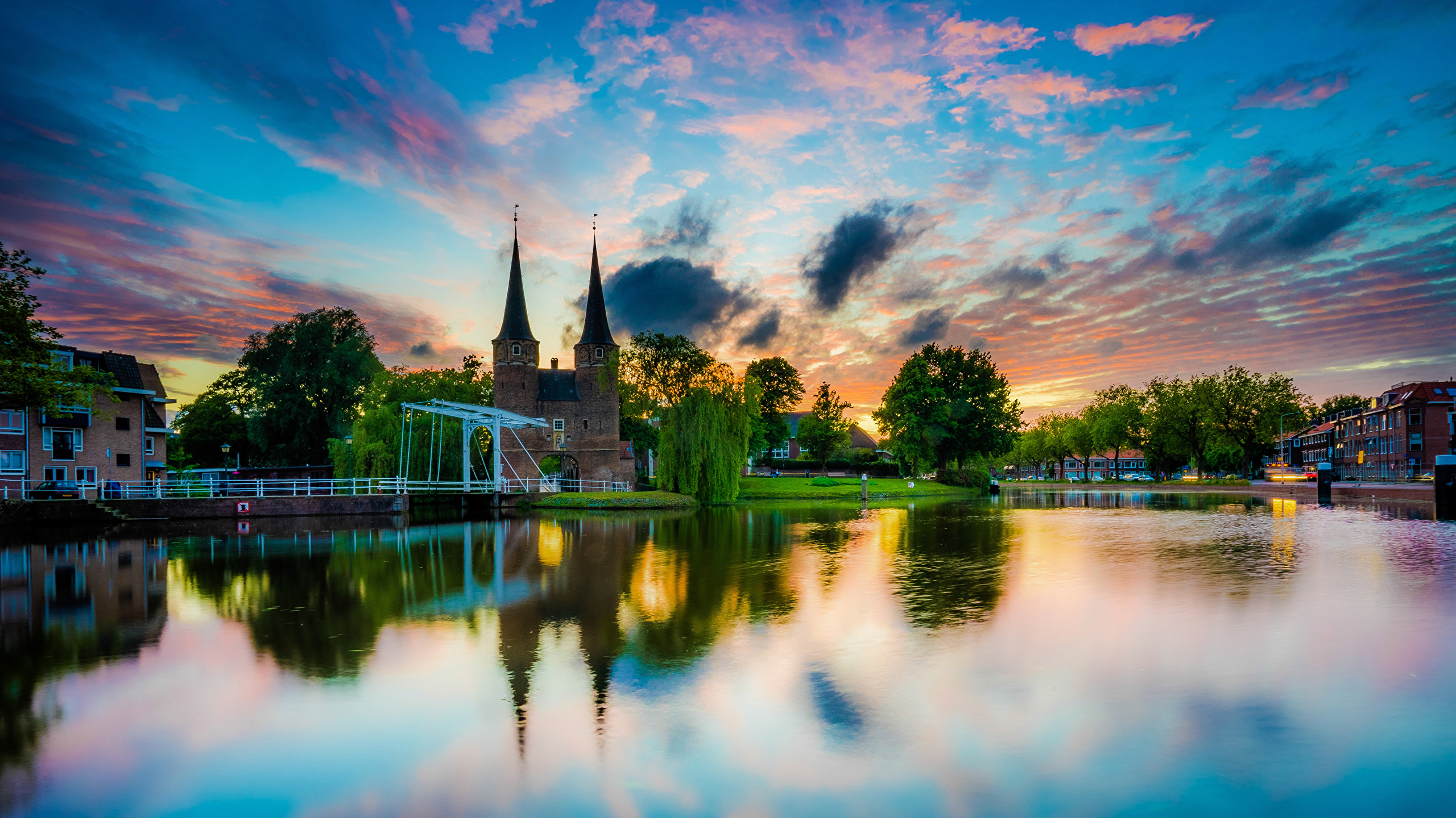 Image Netherlands Delft River Evening Houses Cities